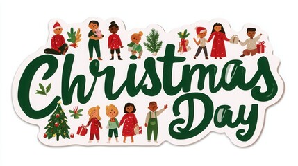 Fototapeta premium Christmas day text graphic with diverse children holding gifts with holiday decorations surround
