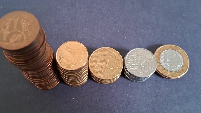 Brazilian real currency coins stacked neatly