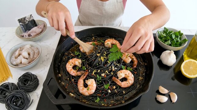 Top View of Cook Garnishing Squid Ink Spaghetti with Grilled Shrimp and Sea Urchin. Luxury Italian Gastronomy and Mediterranean Seafood Pasta Banner with Copy Space