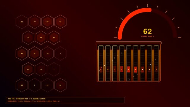 Digital immersion cooling interface displayed on dark screen showing active system loads with glowing amber graphs and floating numeric hexagonal data cells in a repeating loop