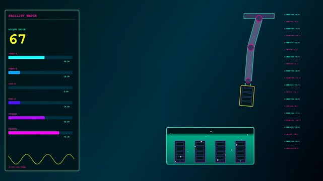 Immersion cooling systems operate within a server vault monitor displaying shifting data bars and mechanical arm positions while liquid cooling tanks undergo constant real time monitoring
