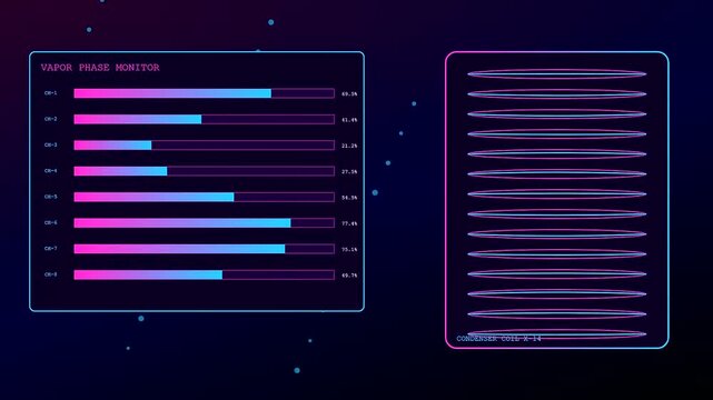 Digital displays showing immersion cooling processes with glowing bar charts and rotating rings in a dark virtual environment for modern server cooling data monitoring systems
