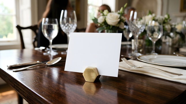 Blank place card mockup on an elegant dinner table with a gold holder, crystal glasses, and floral centerpiece for a wedding or luxury event.
