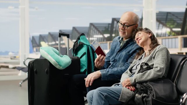 Confident older couple sits together in an airport terminal lounge, discussing travel plans and checking departure screens, highlighting later-life travel and breaking stereotypes about aging.