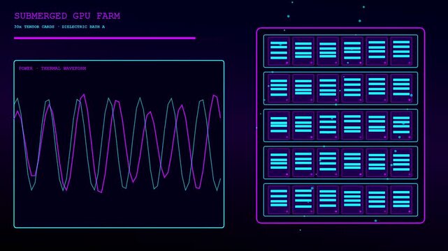 Digital immersion cooling monitoring interface displaying thermal waves and synchronized data racks with glowing neon blue lines on a dark purple virtual computing environment display