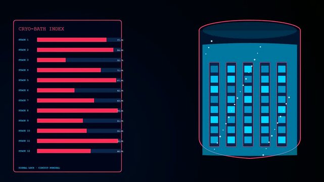 Digital data immersion cooling system display featuring shifting bar graphs and liquid filled server racks showing active processing cycles within a dark laboratory virtual environment interface
