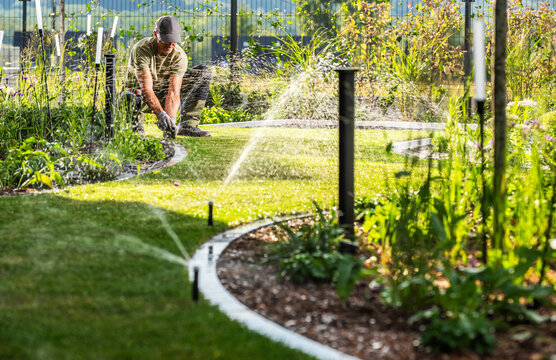 Gardener adjusting sprinkler in a landscaped garden