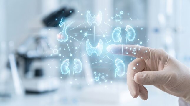 Medical Professional Analyzing Endocrine System Organs Using Advanced Digital Holographic Interface Technology