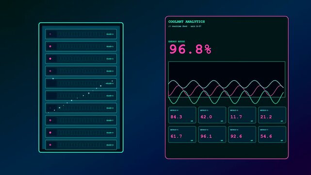 Data center immersion cooling systems display live energy metrics with flashing neon interface panels that track server rack performance through shifting digital sine wave graphical charts