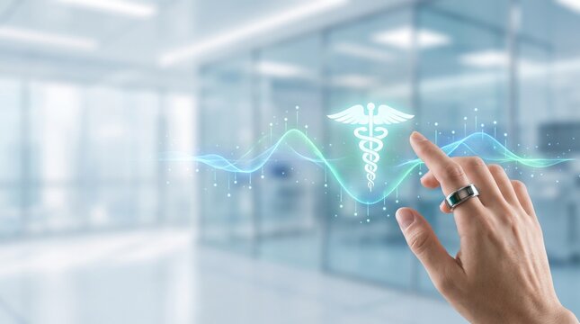 Hand wearing a smart ring interacting with a digital medical caduceus hologram in a modern clinical laboratory environment