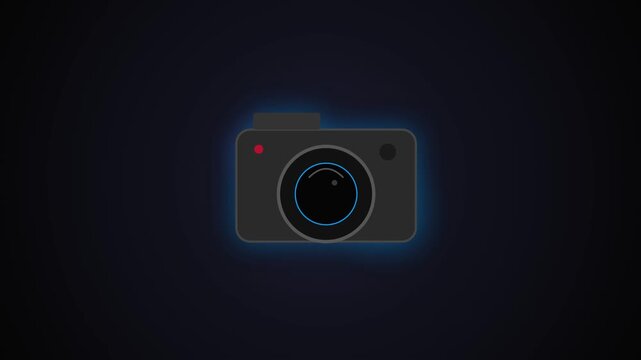 Camera Icon Illustration with Neon Blue Glow on Dark Background