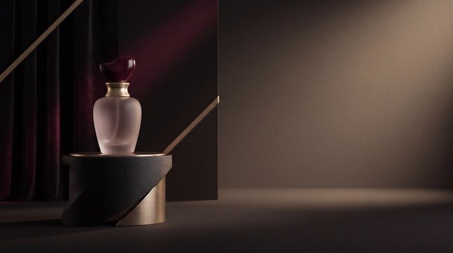 elegant beauty campaign, an elegant glass perfume bottle rests on a sculptural pedestal against a matte black backdrop, accented by deep burgundy and brushed gold elements