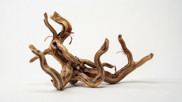 Gnarly weathered driftwood root with twisted branches isolated on a plain pale surface