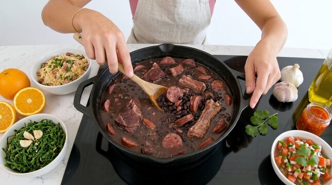 Top View of Cook Stirring Traditional Brazilian Feijoada in Cast Iron Pan. Brazilian Gastronomy and Traditional Culinary Recipe Concept Banner with Copy Space
