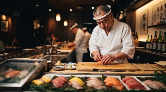 Japanese Sushi Master Handcrafting Fresh Nigiri at Omakase Restaurant Counter. Traditional Japanese Gastronomy and Fine Dining Omakase Banner with Copy Space