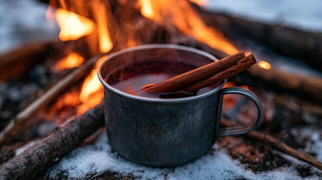 Warm mulled wine in a metal cup, cinnamon stick, snowy winter campfire, cozy