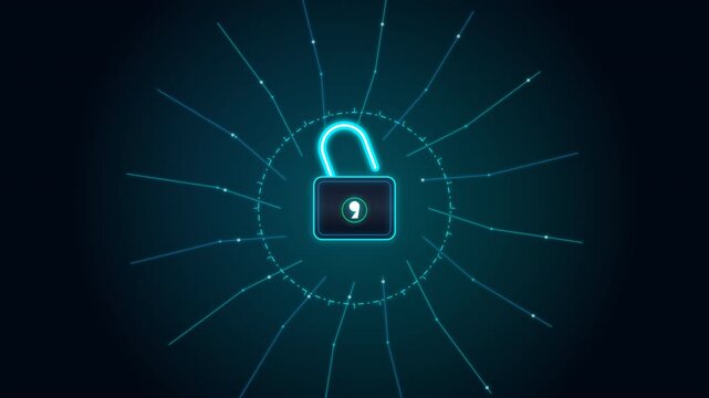glowing cyan neon open padlock icon flickering on a black background loop animation for cyber security breach data vulnerability unlocked access