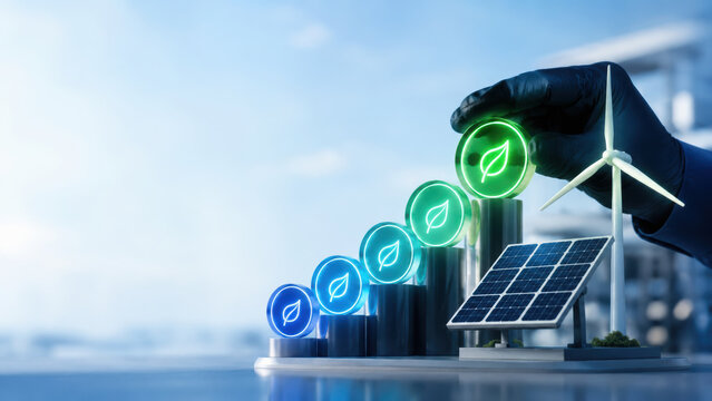 Glowing step badges show renewable energy progress with wind turbine solar panel and green technology against bright coastal city skyline