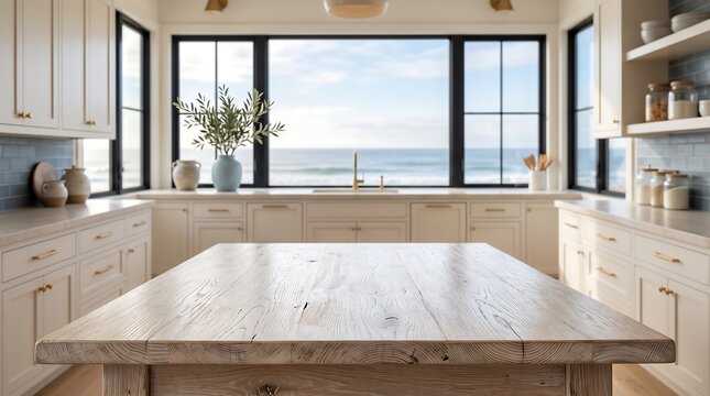 Honey Maple Tabletop in an Organic Modern Kitchen with Curved Cream Cabinetry and Warm Sunrise Light