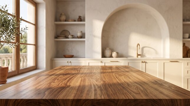 Natural Chestnut Tabletop in a Mediterranean Modern Kitchen with Ivory Cabinetry and Warm Afternoon Light