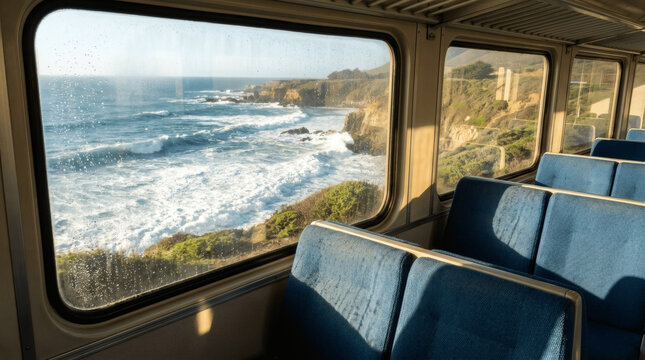 Scenic ocean view from train window featuring coastal cliffs during golden hour for travel marketing