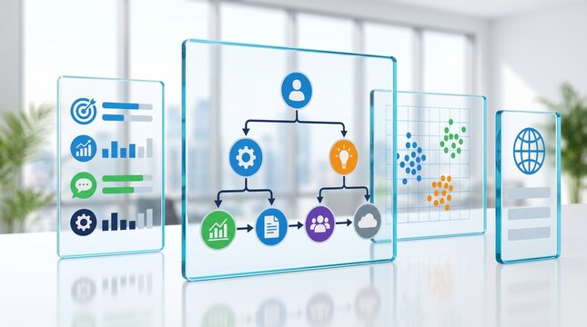 Organizational structure flowchart and workflow management concept on digital interface in modern corporate environment