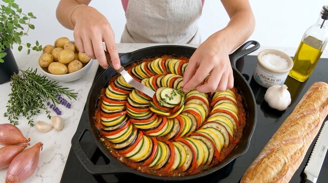 Top View of Cook Arranging Sliced Vegetables for French Ratatouille. French Gastronomy and Healthy Vegetarian Cooking Banner with Copy Space