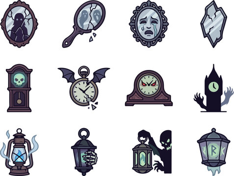 Set of gothic horror icons featuring mirrors clocks and lanterns
