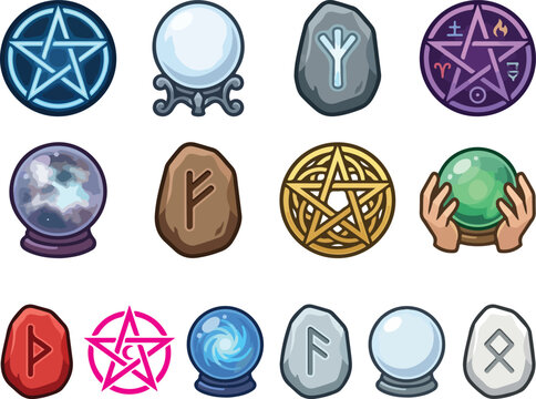 Set of mystical occult icons featuring pentagrams crystal balls and ancient runes