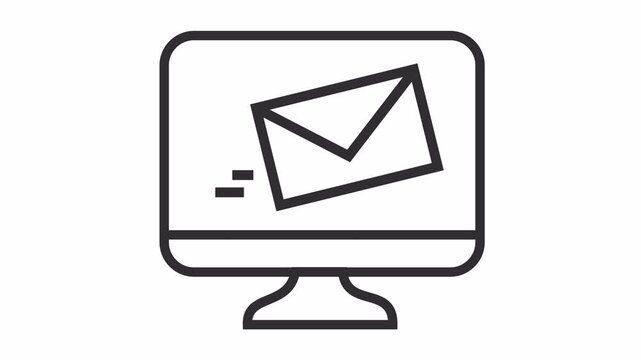 Desktop computer screen displaying an incoming mail envelope icon cartoon animation for an email marketing notification symbol isolated on an alpha channel.