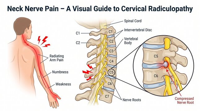 Cervical radiculopathy infographic showing neck nerve pain and anatomy