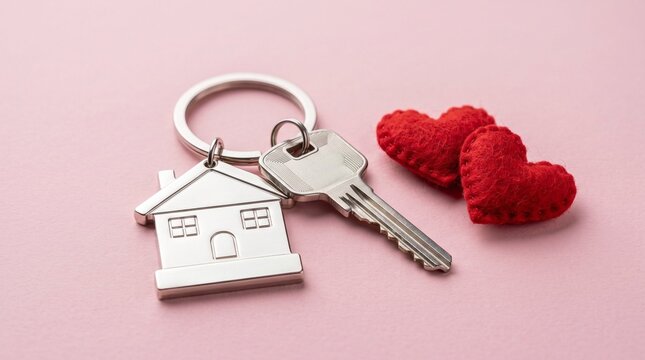 Silver house shaped keychain with metal door key resting beside two small red felt hearts on a soft pink surface representing love and new home ownership