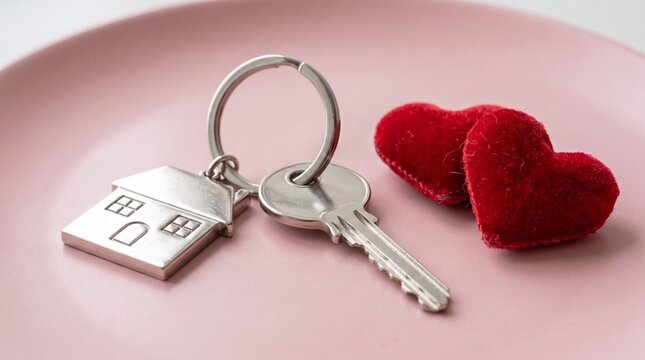 Silver house key chain with matching metal key resting beside two small red velvet plush hearts on a smooth light pink surface representing new home love