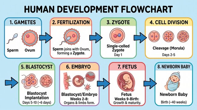 Human Development Flowchart showing stages from zygote to newborn