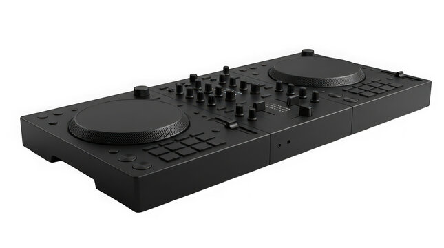 Modern black dj controller with mixing console and jog wheels isolated on transparent background