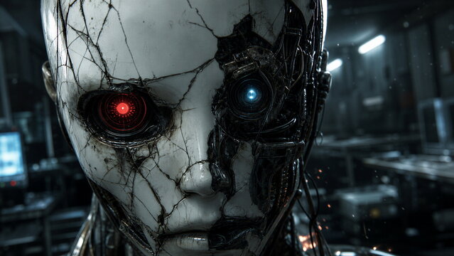 Close-up of terrifying AI robot face with cracked mask in abandoned laboratory, cinematic