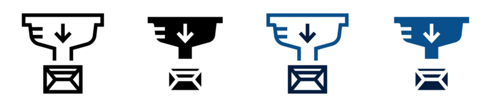 Iconos de embudo de conversi&oacute;n. Embudo filtrando hacia sobre de correo. Marketing por correo. Ilustraci&oacute;n vectorial