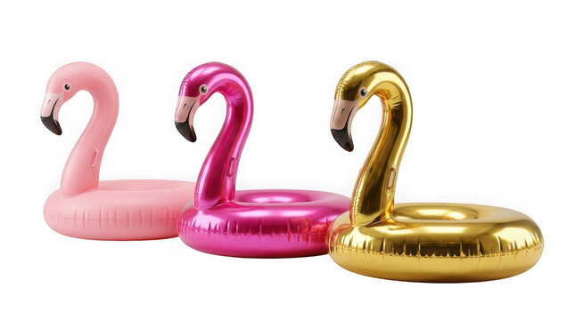 Three inflatable flamingos in pink, metallic pink, and gold isolated on transparent background