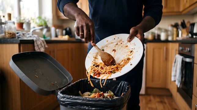 Person scraping leftover food from plate into kitchen waste bin with trash bin wasting food garbage bin cleaning plate food scrap