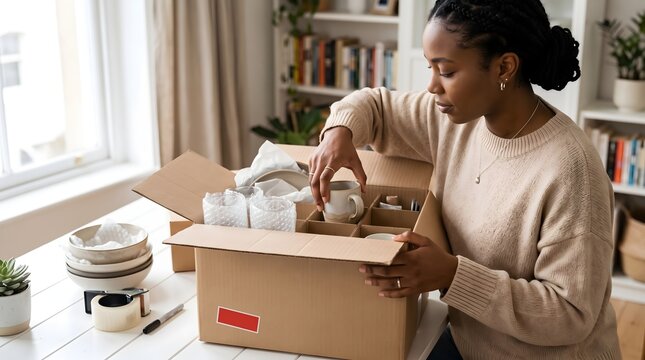 Woman packing delicate ceramics and home decor into cardboard box for shipping with shipping items moving house small business e commerce