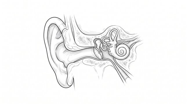 Detailed illustration of the human ear anatomy showing external canal eardrum and inner ear cochlea structure for medical education
