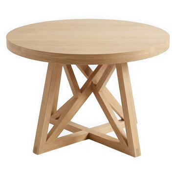 Modern round light oak dining table with geometric base isolated on white isolated on transparent background