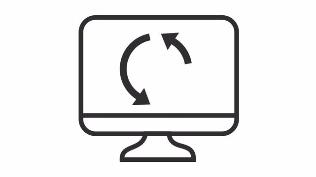 Computer monitor displaying refresh arrows sync icon cartoon animation for system update symbol and data backup element concept isolated on an alpha channel.