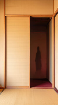 Vertical view of a tatami room with a partially open sliding closet door. Ambiguous human shadow inside a dark closet under warm ambient light