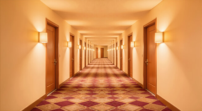 Long empty motel corridor with warm lighting. Symmetrical hallway with brown doors and geometric carpet. Suspenseful horror concept
