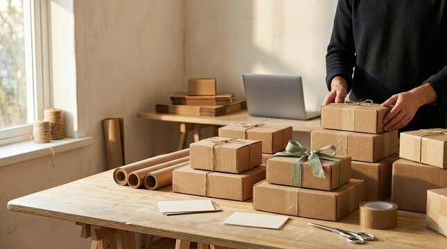 Hands packing cardboard gift boxes for online store delivery and shipping