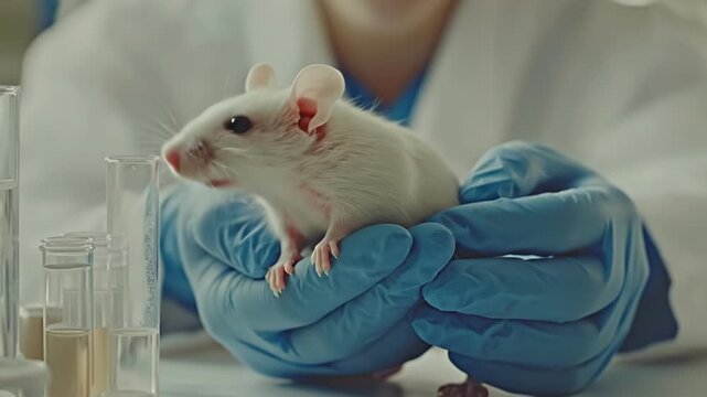 Scientist holding white laboratory mouse in gloved hands in research facility
