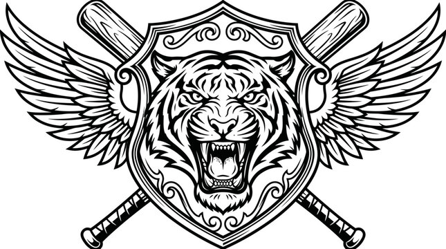 Winged Tiger Crest With Crossed Baseball Bats Emblem