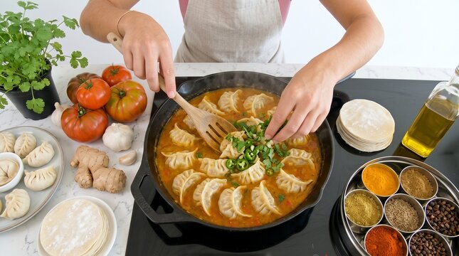 Top View of Cook Garnishing Nepalese Jhol Momos in Spicy Tomato Broth. Nepalese Gastronomy and Authentic Himalayan Street Food Banner with Copy Space