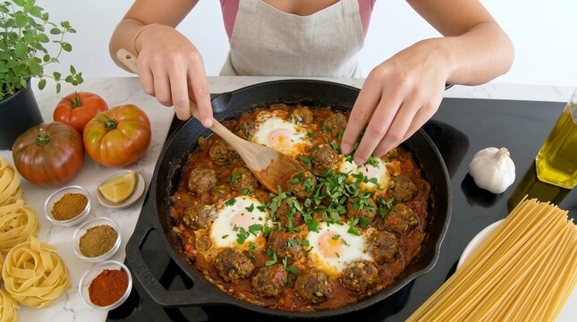 Top View of Cook Garnishing Moroccan Kefta Tagine Meatballs and Eggs in Skillet. North African Gastronomy and Authentic Skillet Recipe Concept Banner with Copy Space